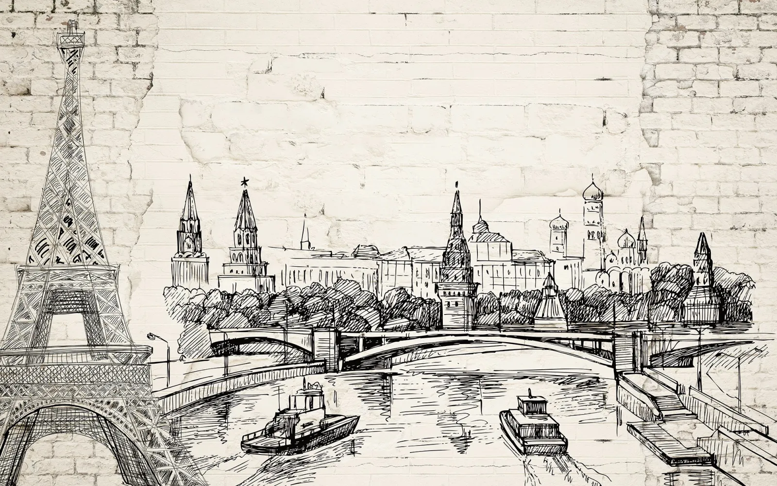 Fototapeta Szkic budynków na ceglanej ścianie — powiększenie wzoru