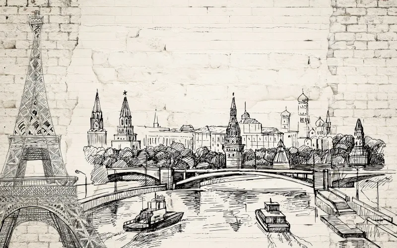 Fototapeta Szkic budynków na ceglanej ścianie