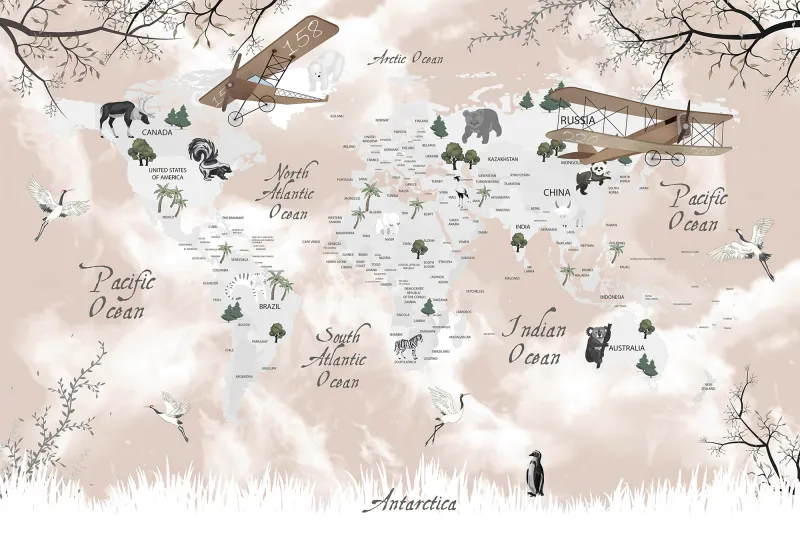 Fototapeta Mapa świata ze zwierzętami i samolotami