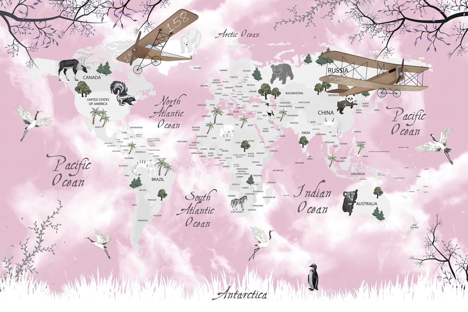 Fototapeta Mapa świata ze zwierzętami i samolotami — powiększenie wzoru