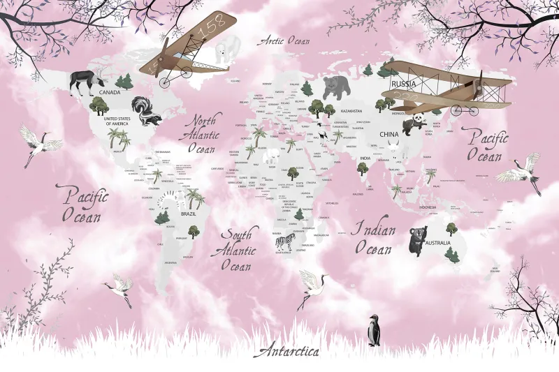 Fototapeta Mapa świata ze zwierzętami i samolotami