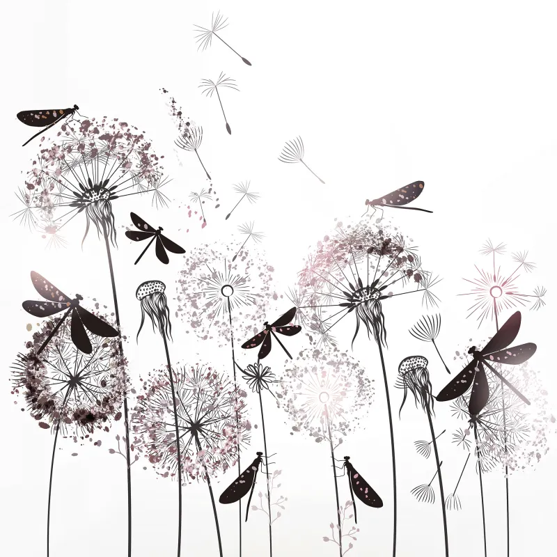 Fototapeta Różowe dmuchawce i ważki
