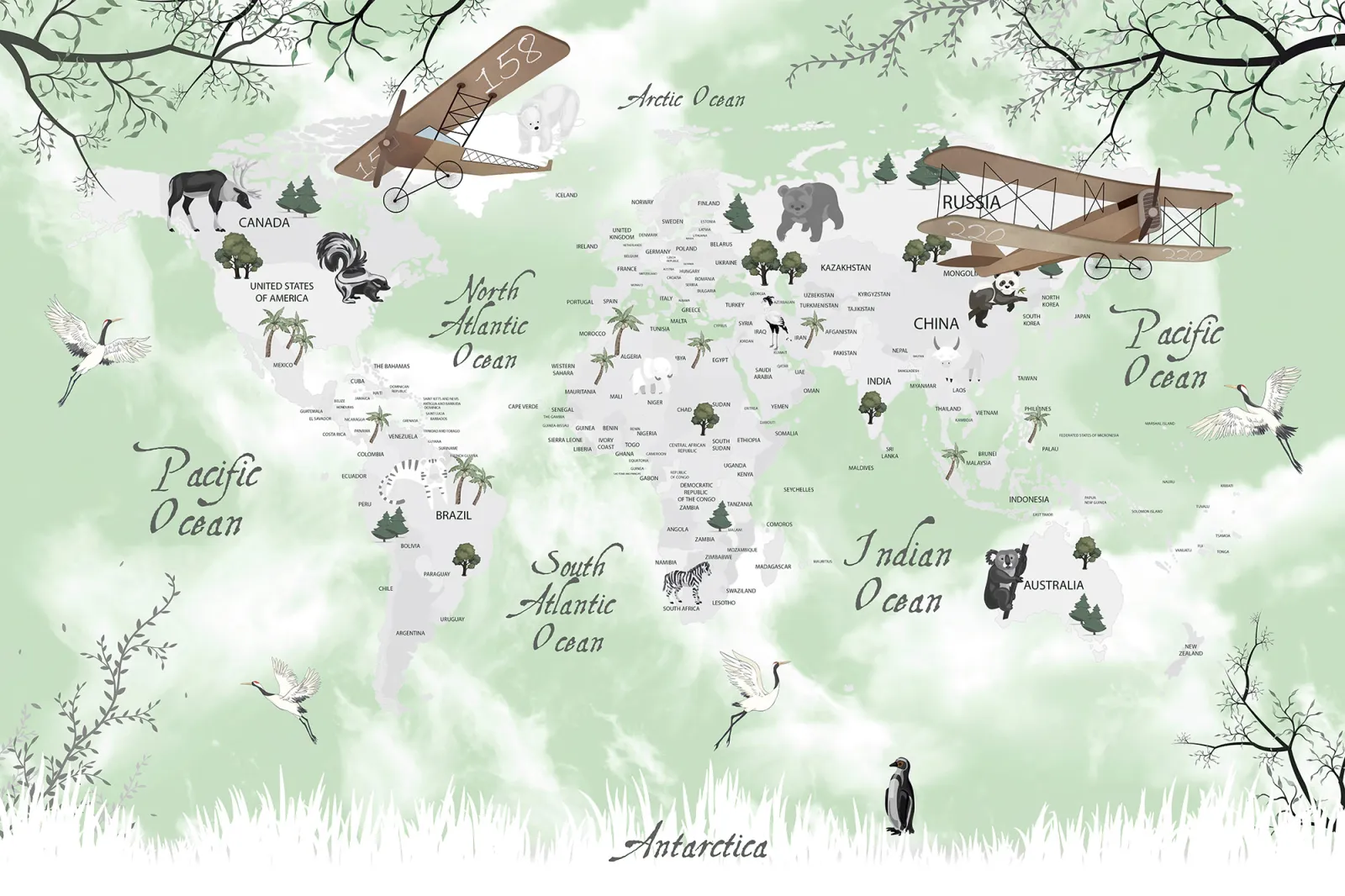 Fototapeta Mapa świata ze zwierzętami i samolotami — powiększenie wzoru