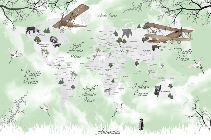 Fototapeta Mapa świata ze zwierzętami i samolotami