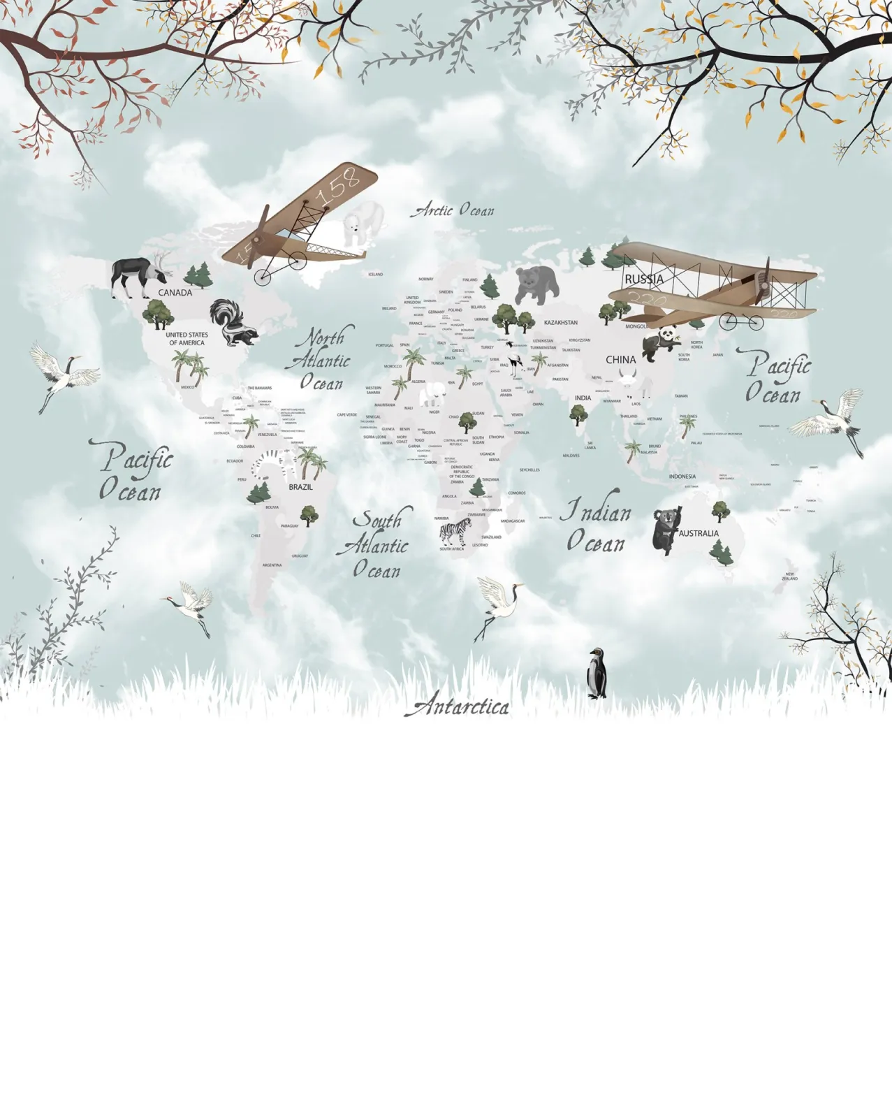 Fototapeta Mapa świata ze zwierzętami i samolotami — powiększenie wzoru