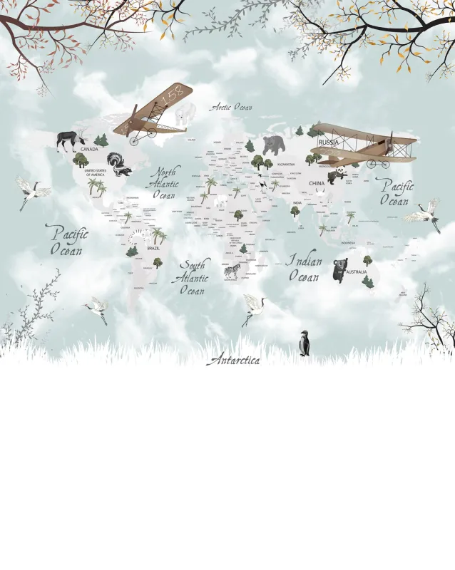 Fototapeta Mapa świata ze zwierzętami i samolotami