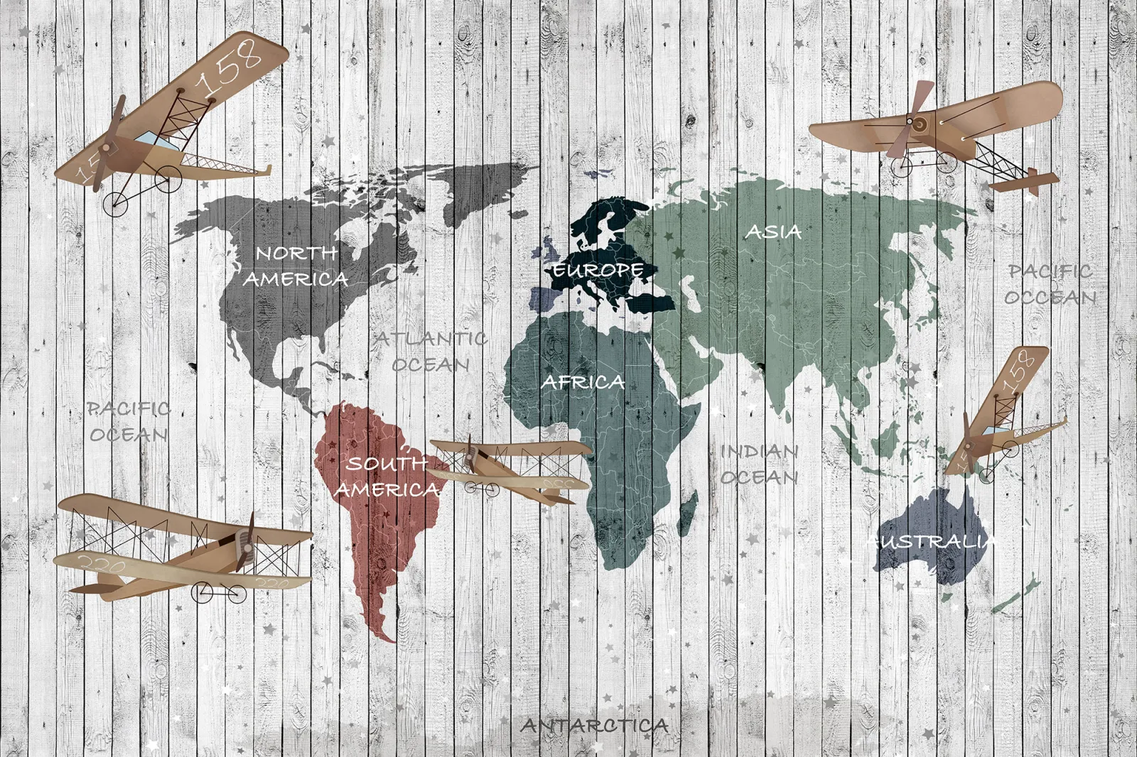 Fototapeta Mapa świata z samolotami na tle z desek — powiększenie wzoru