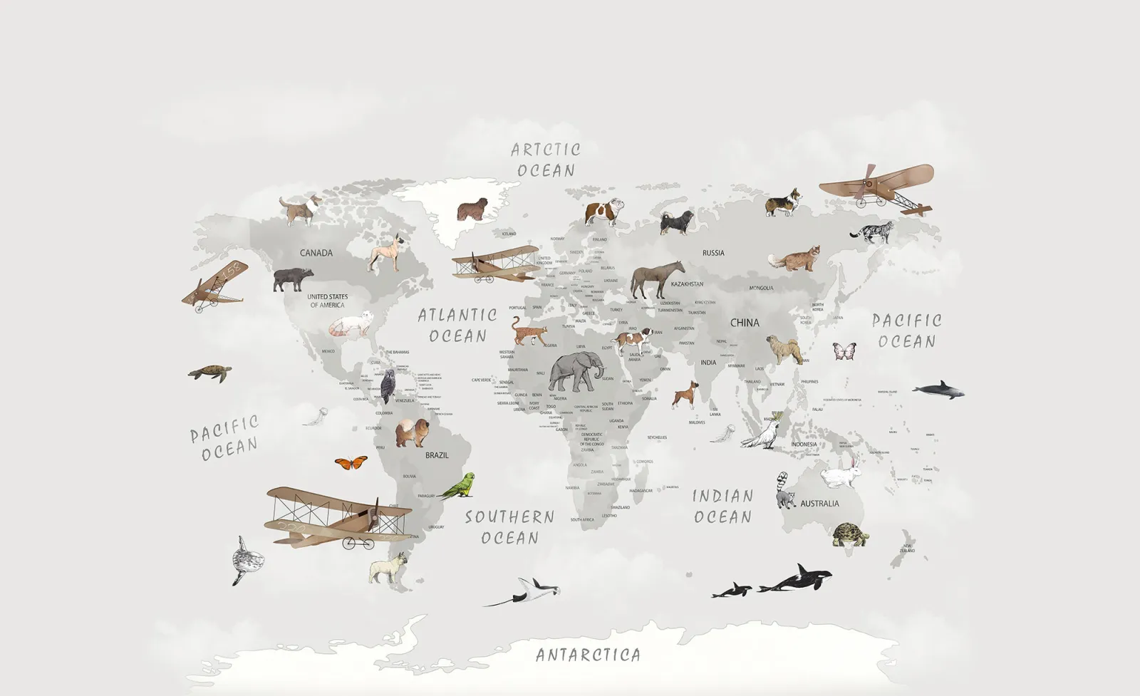 Fototapeta Mapa świata ze zwierzętami i samolotami — powiększenie wzoru