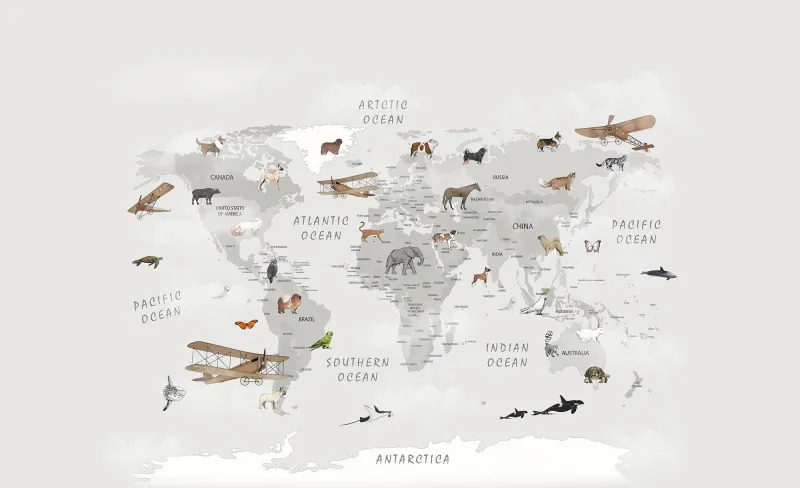 Fototapeta Mapa świata ze zwierzętami i samolotami