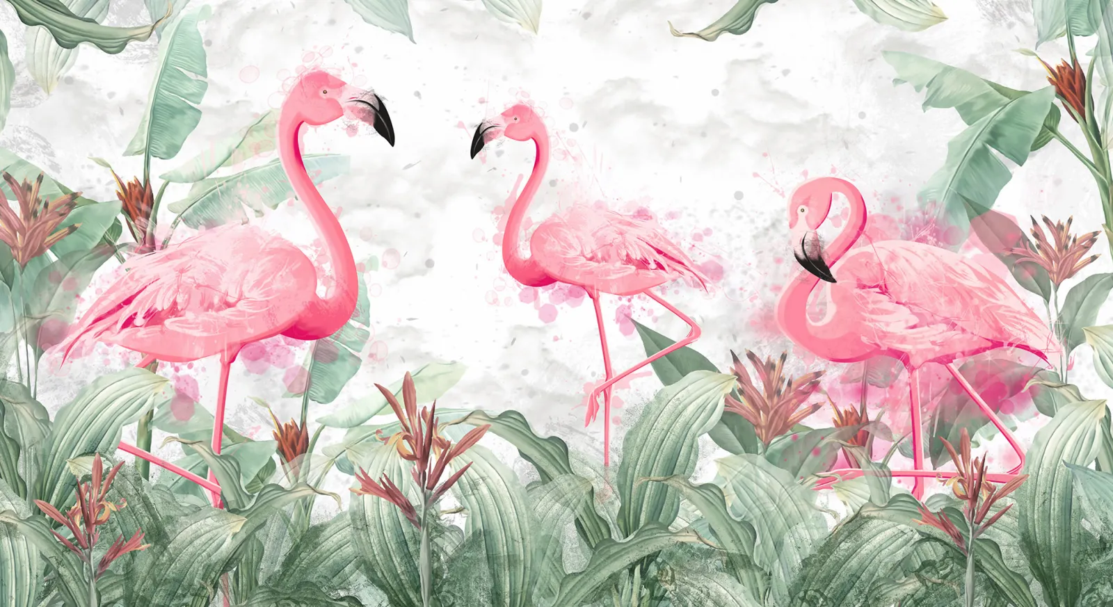 Fototapeta Różowe flamingi wśród tropikalnych liści — powiększenie wzoru