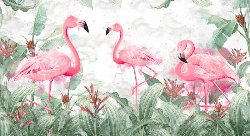 Fototapeta Różowe flamingi wśród tropikalnych liści
