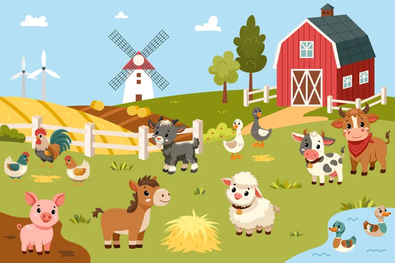Fototapeta Farma ze stodołą i zwierzętami