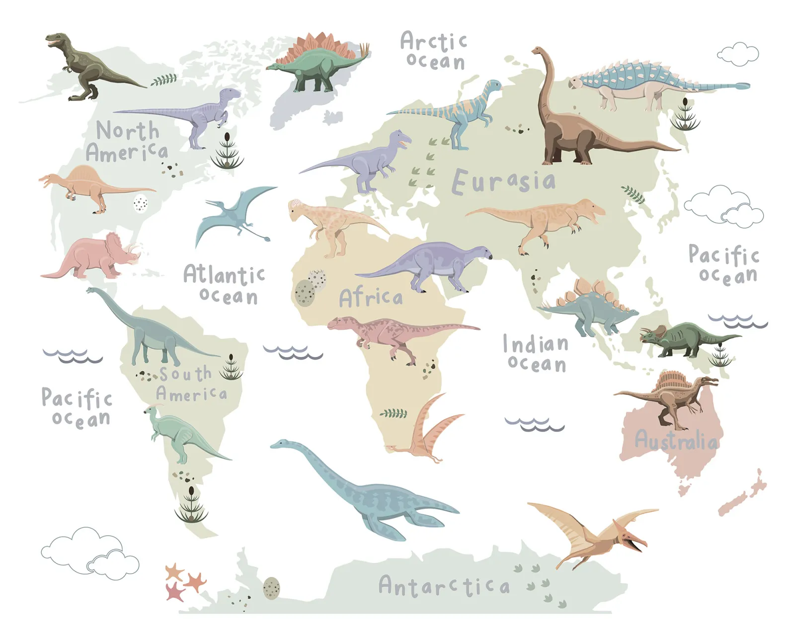 Fototapeta Mapa świata z dinozaurami — powiększenie wzoru