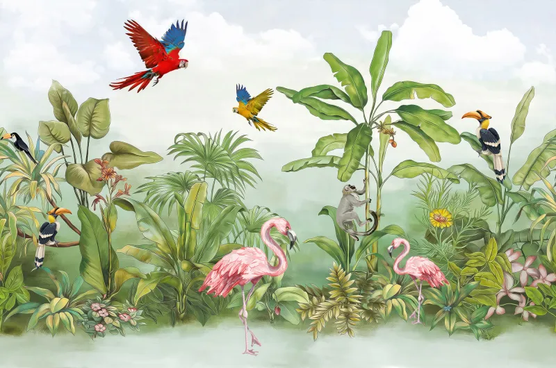 Fototapeta Flamingi i papugi w lesie tropikalnym