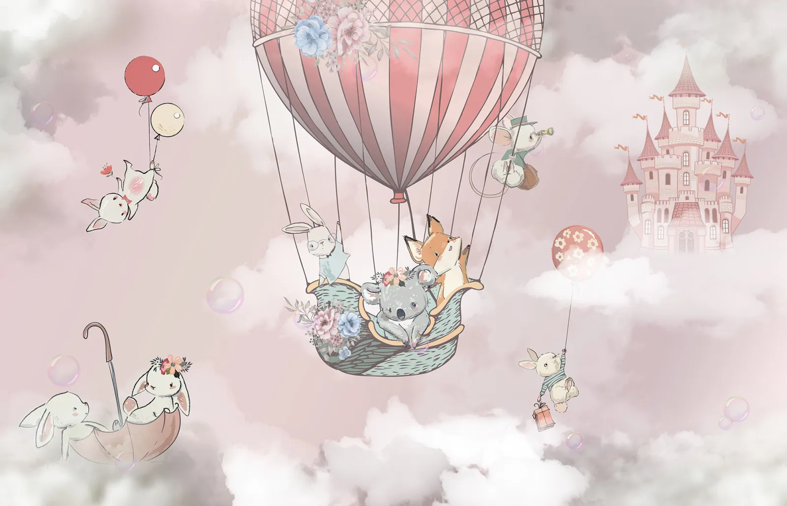 Fototapeta Wesołe zwierzątka i balony — powiększenie wzoru