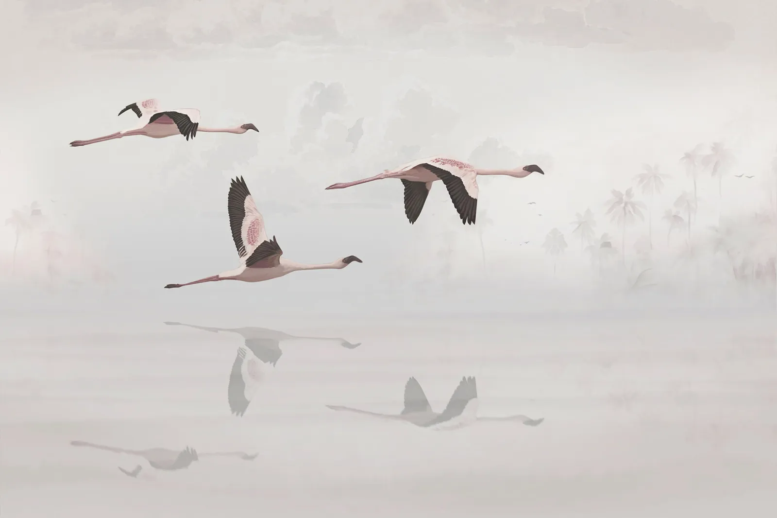 Fototapeta Flamingi lecące nad jeziorem — powiększenie wzoru