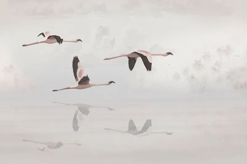 Fototapeta Flamingi lecące nad jeziorem