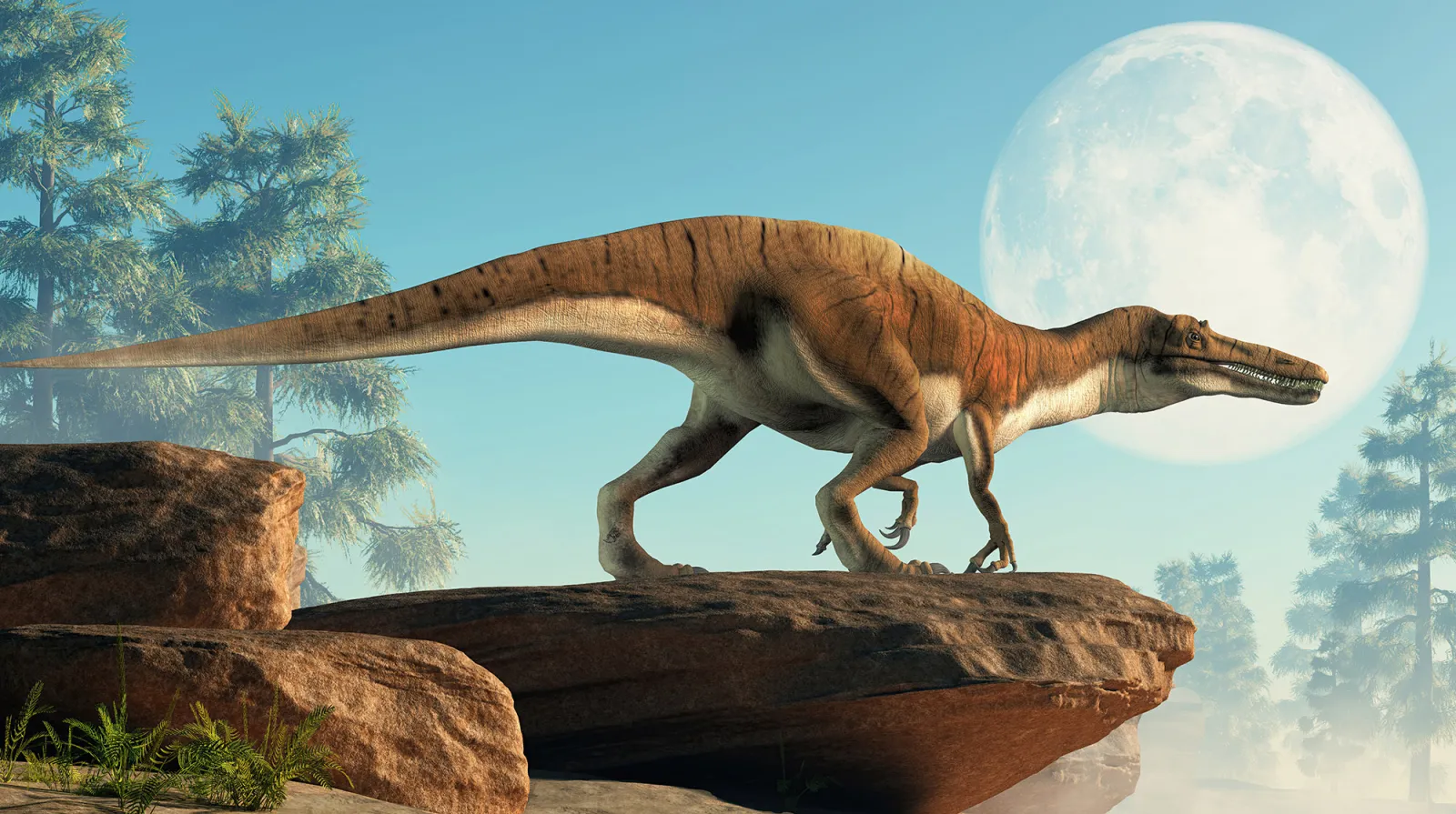 Fototapeta Dinozaur na klifie przy pełni księżyca — powiększenie wzoru