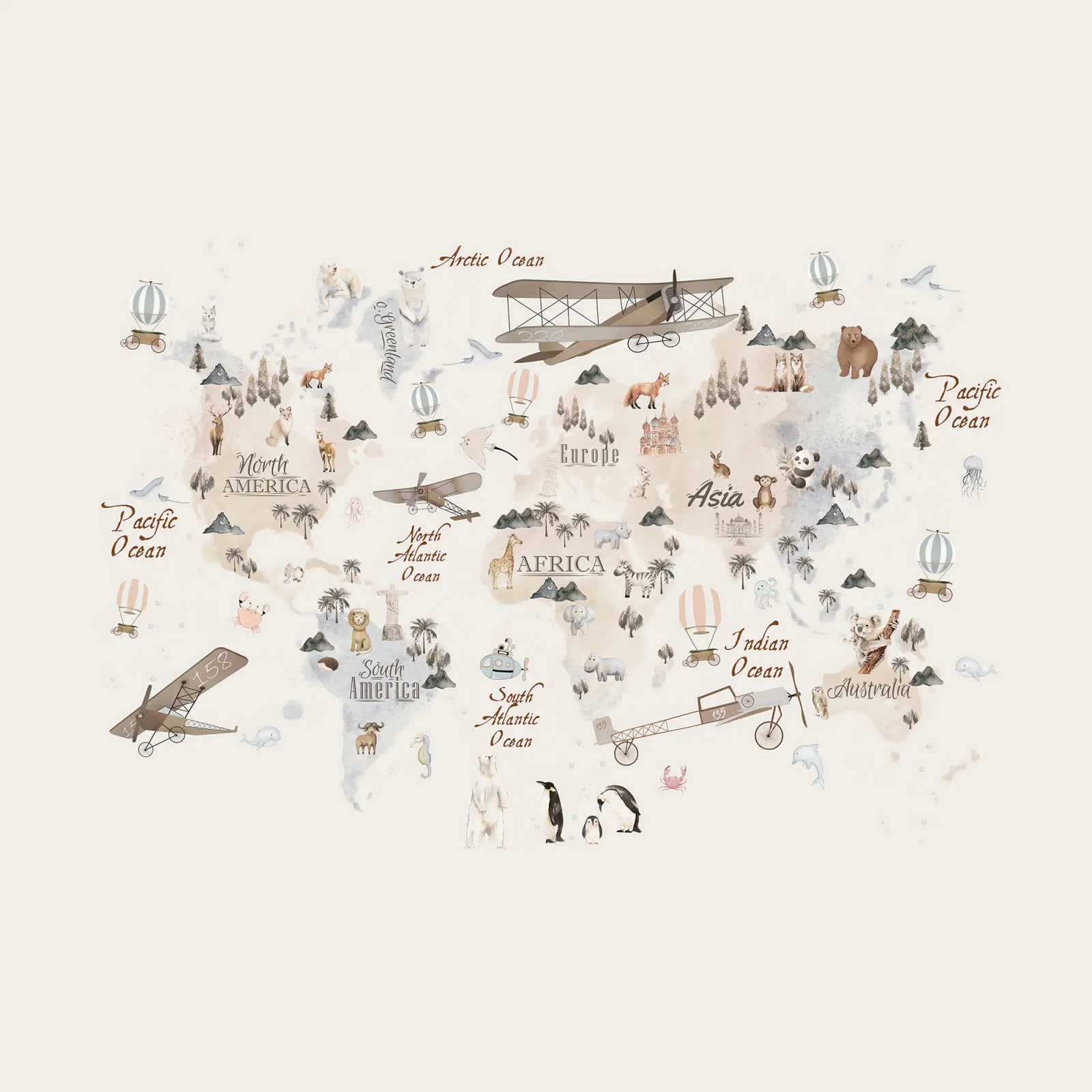 Fototapeta Mapa świata ze zwierzętami i samolotami — powiększenie wzoru
