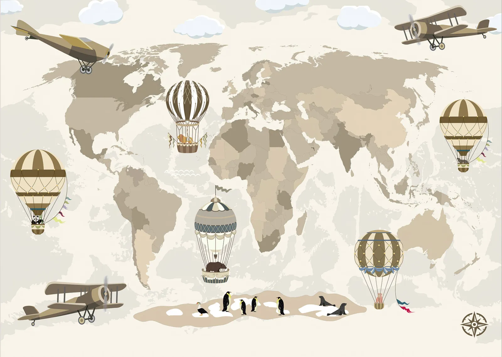 Fototapeta Mapa świata, samoloty i balony — powiększenie wzoru