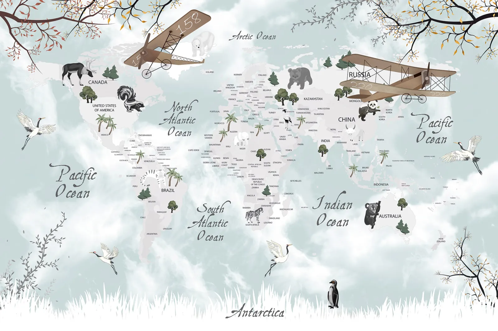 Fototapeta Mapa świata ze zwierzętami i samolotami — powiększenie wzoru