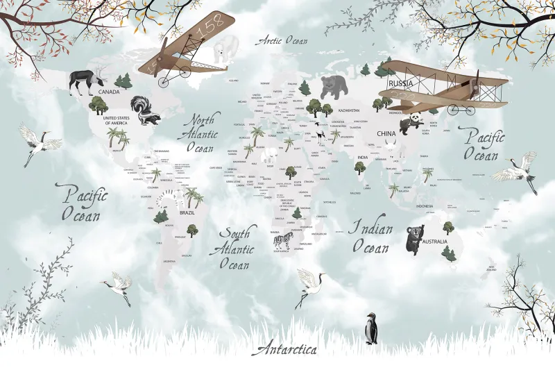Fototapeta Mapa świata ze zwierzętami i samolotami