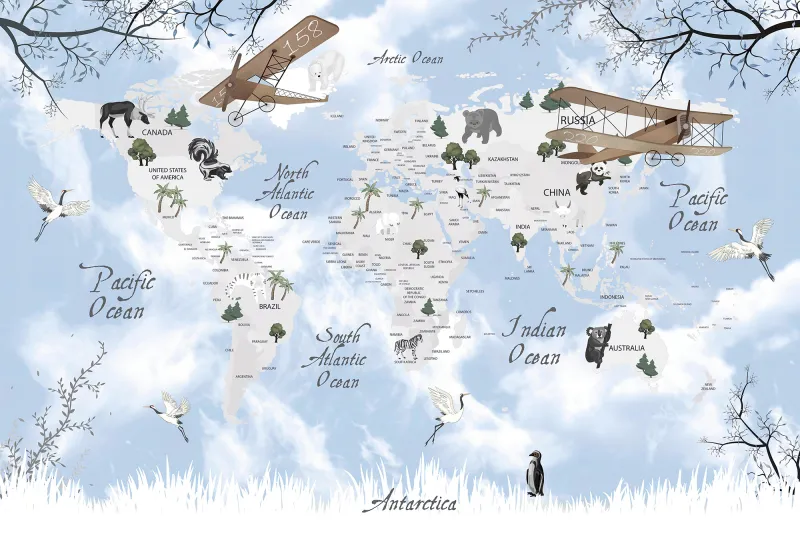 Fototapeta Mapa świata ze zwierzętami i samolotami