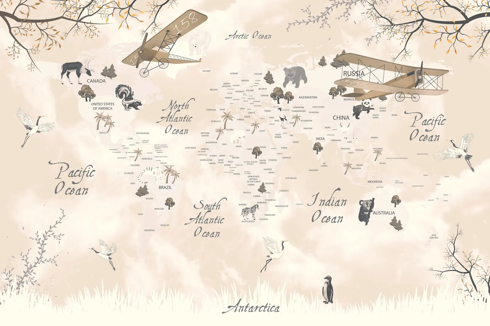Fototapeta Mapa Świata ze zwierzętami i samolotami w chmurach — powiększenie wzoru