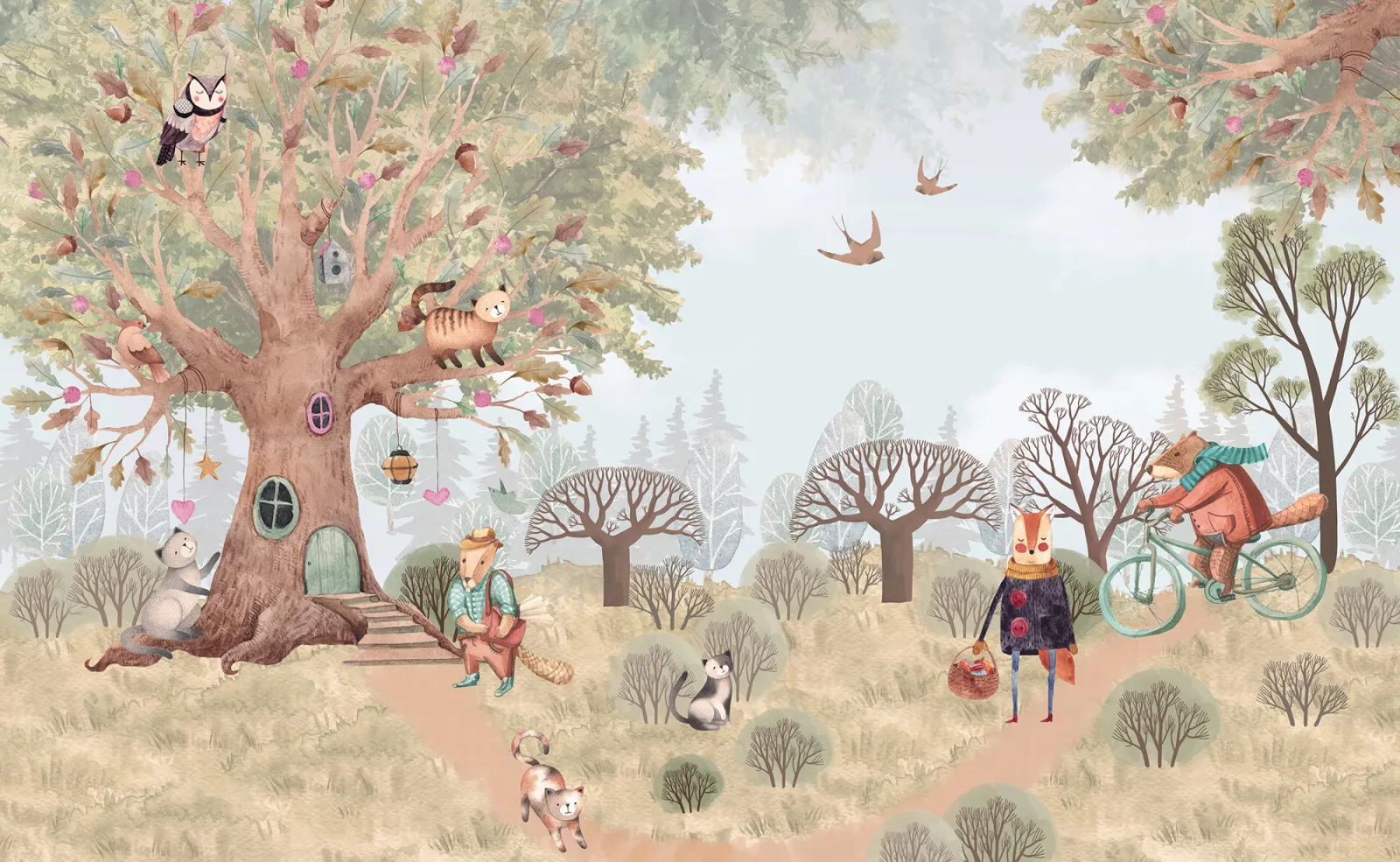 Fototapeta Domek w drzewie i zwierzęta na polanie — powiększenie wzoru